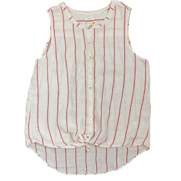 C&C California Red Striped 100% Linen Button Down Sleeveless Shirt Womens Large - Picture 1 of 9